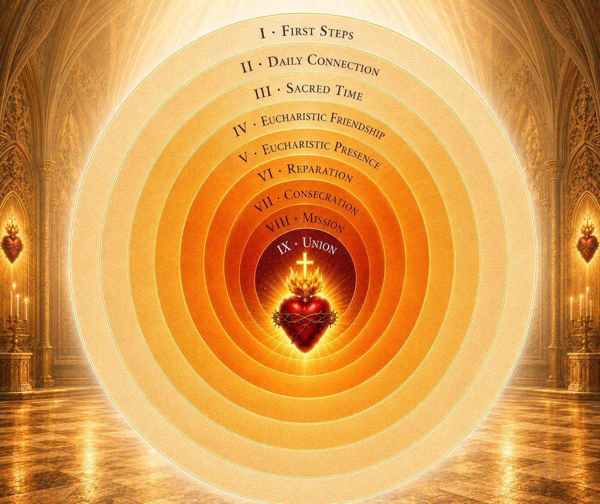 Nine concentric rings of the devotion — I First Steps on the outside, moving inward to IX Union with the Heart of Jesus at the centre